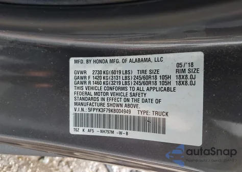 2019 Honda Ridgeline Rtl-E from USA, damaged, VIN 5FPYK3F79KB004949